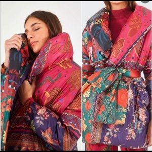 Farm Rio puffer jacket mixed scarves print kimono robe self tie belt NWT medium